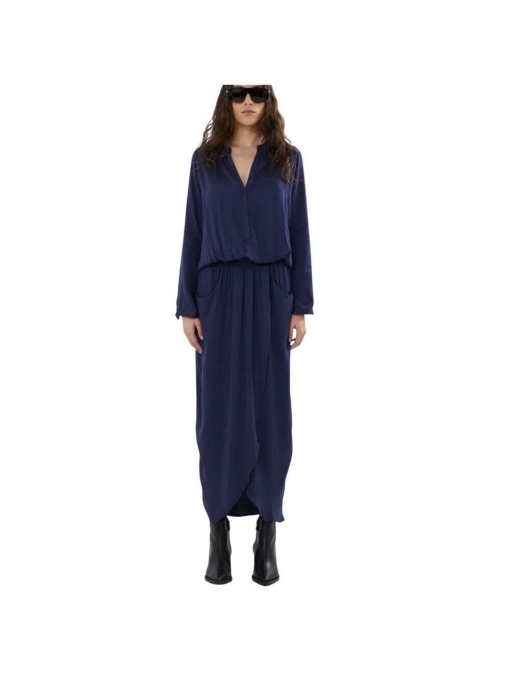 RABENS SALONER VERA Solid wrap over dress L/S Dark Navy Blue Minimalist Small
